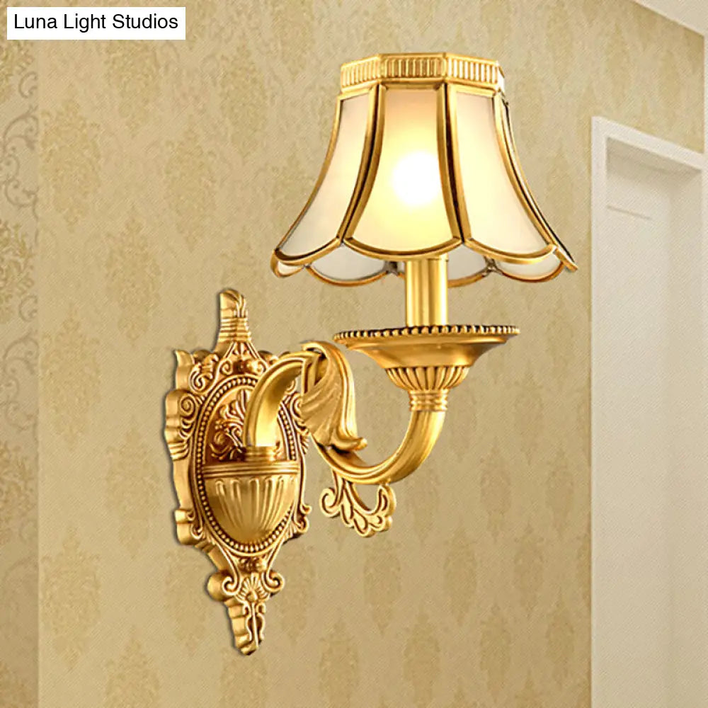 Brass Metal Wall Sconce Light Fixture For Living Room - Traditional Scalloped Design Half-Bulb Ideal
