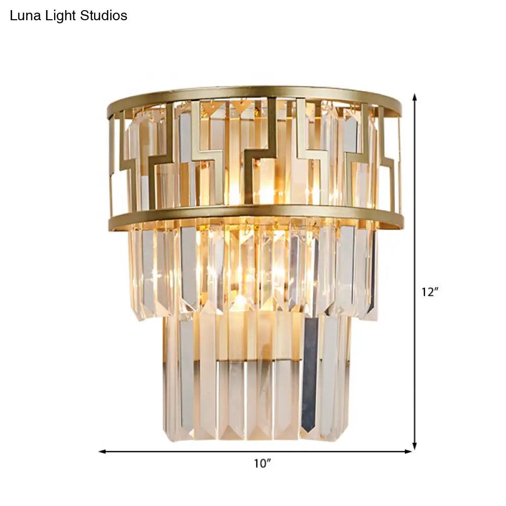 Brass Modernism Layered Wall Lamp With Clear Crystal - 2 Lights Bedside Sconce Fixture