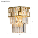 Brass Modernism Layered Wall Lamp With Clear Crystal - 2 Lights Bedside Sconce Fixture
