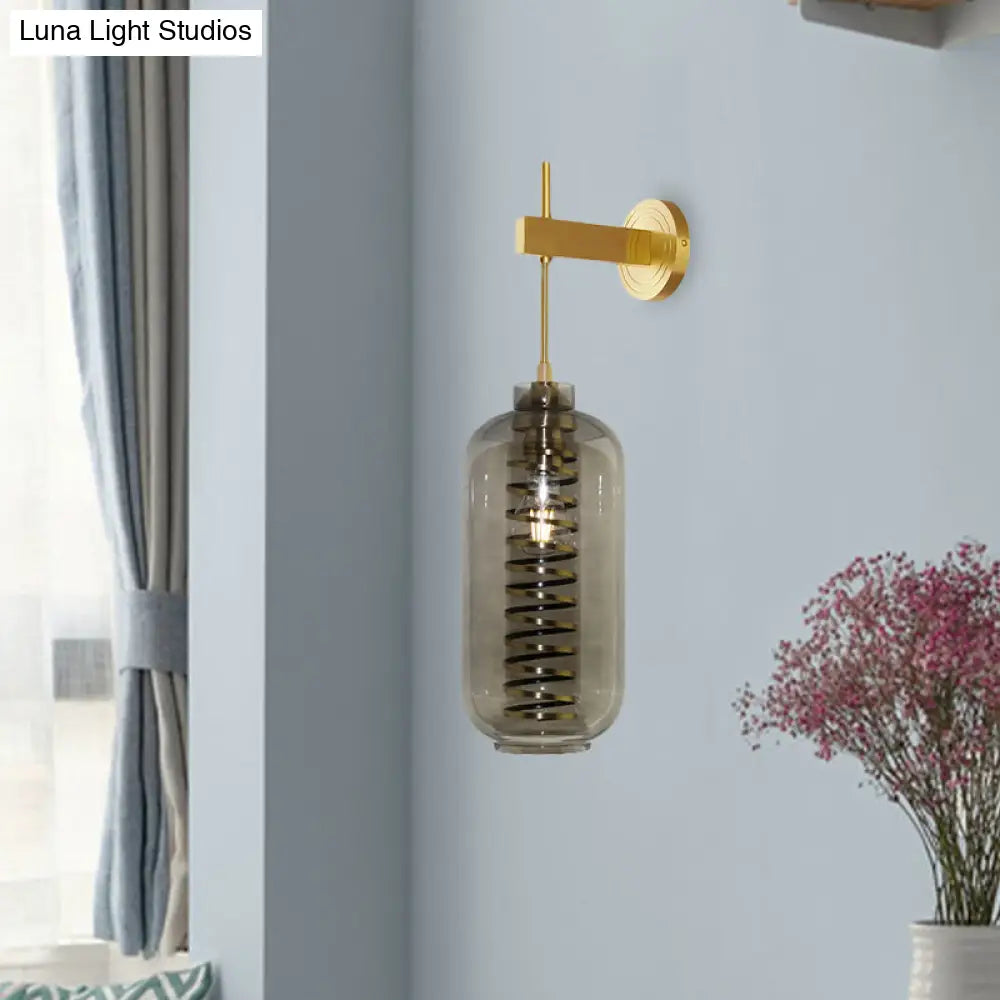 Brass Mounted Smoke Gray Glass Wall Sconce Light - Post-Modern Cylinder Lamp