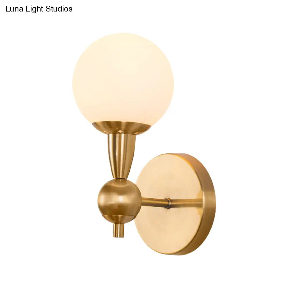 Brass Orb Wall Mount Light With Opal Glass Lampshade - Mid Century Lighting Idea