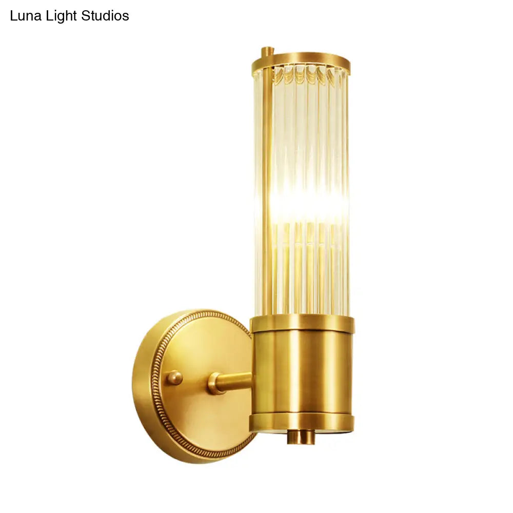Brass Ribbed Crystal Wall Sconce With 1/2-Light For Traditional Bedroom Lighting