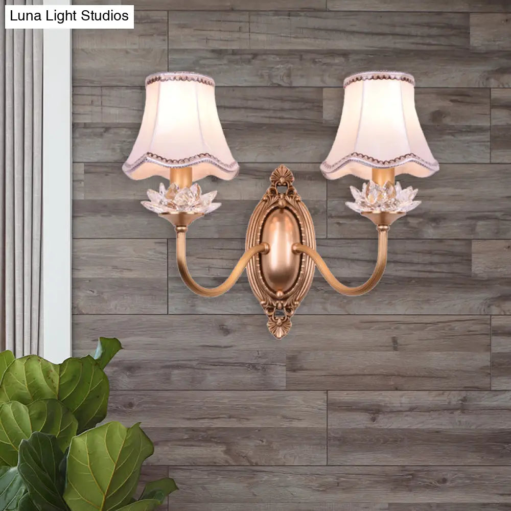 Brass Scalloped Crystal Wall Sconce - Traditional 2-Head Led Lamp For Living Room