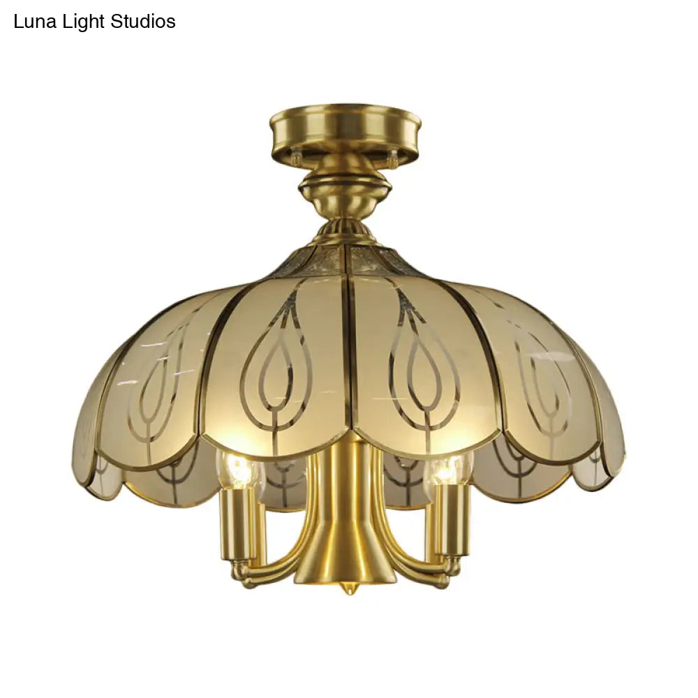 Brass Semi Flush Ceiling Mounted Fixture With Scalloped Frosted Glass & Leaf Pattern - 4 Heads
