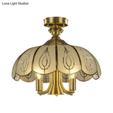 Brass Semi Flush Ceiling Mounted Fixture With Scalloped Frosted Glass & Leaf Pattern - 4 Heads