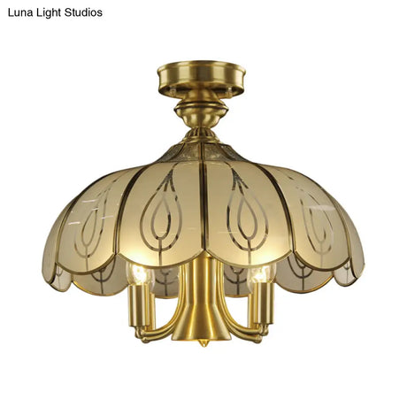 Brass Semi Flush Ceiling Mounted Fixture With Scalloped Frosted Glass & Leaf Pattern - 4 Heads