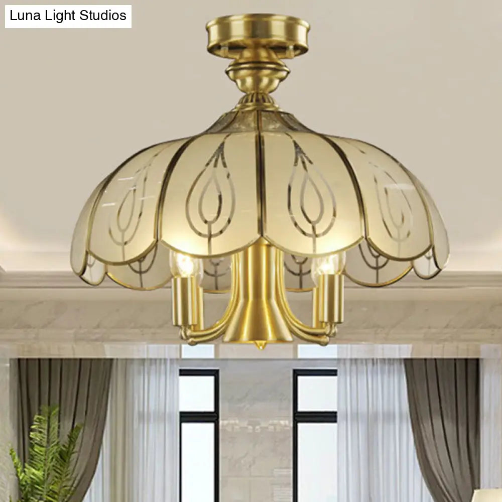 Brass Semi Flush Ceiling Mounted Fixture With Scalloped Frosted Glass & Leaf Pattern - 4 Heads