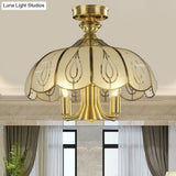 Brass Semi Flush Ceiling Mounted Fixture With Scalloped Frosted Glass & Leaf Pattern - 4 Heads