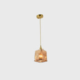 Brass Shaded Drop Pendant Vintage Handmade Tan Glass 1-Bulb Living Room Pendulum Light / Rectangle