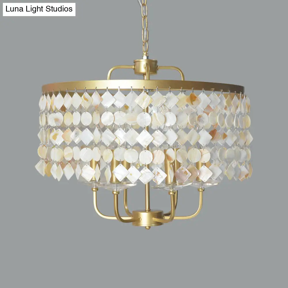 Brass Shell Suspended Ceiling Chandelier With Traditional Drum Design - 4/6 Bulbs