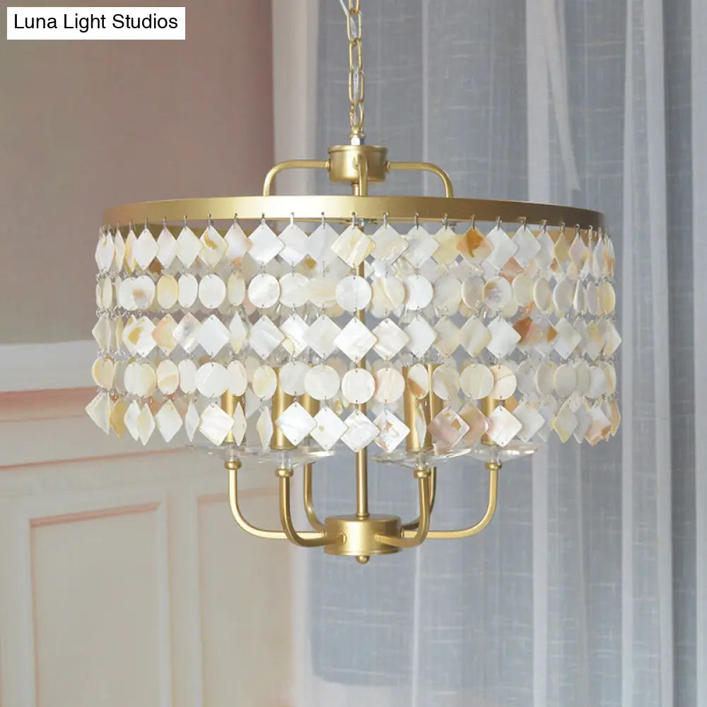 Brass Shell Suspended Ceiling Chandelier With Traditional Drum Design - 4/6 Bulbs
