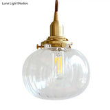 Brass Suspension Light Melon Shape Fluted Glass Pendant Lamp For Corridor
