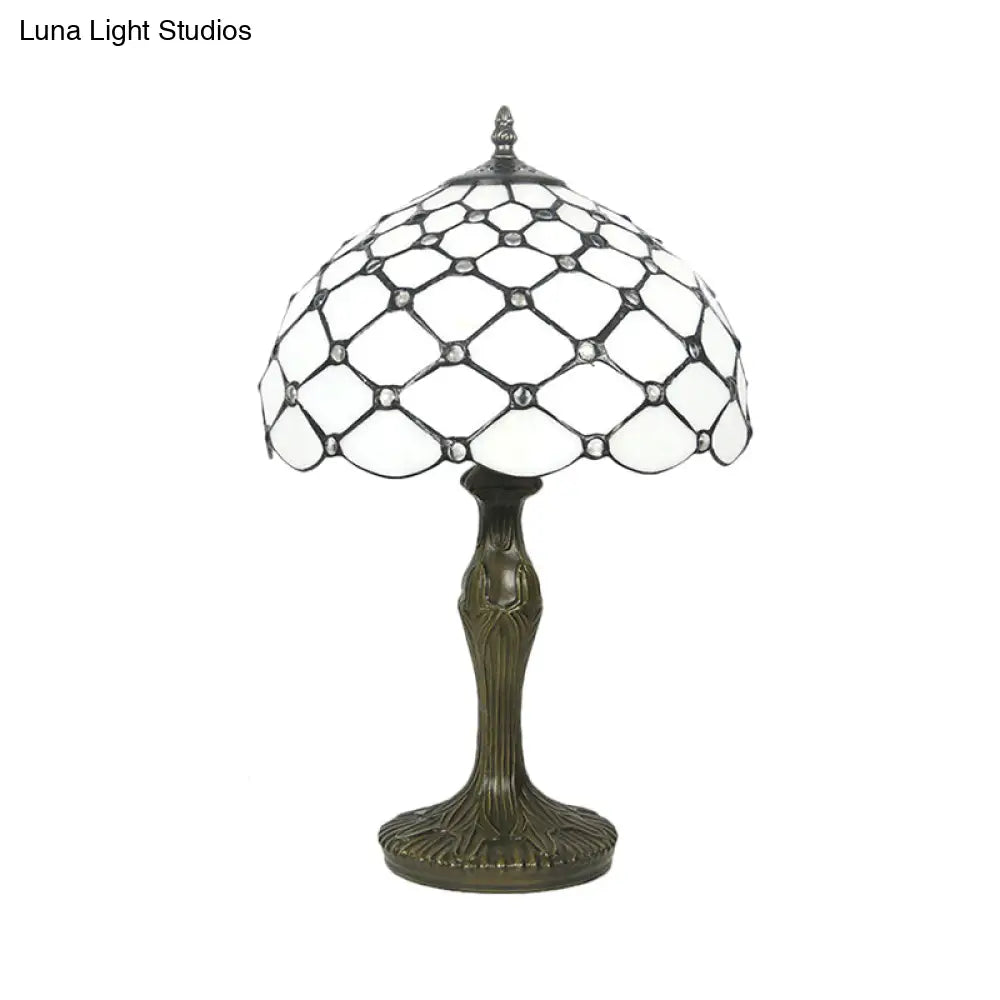 Brass Tiffany White Glass Beaded Task Lamp With Scalloped Edge - 1 Light Night Lighting