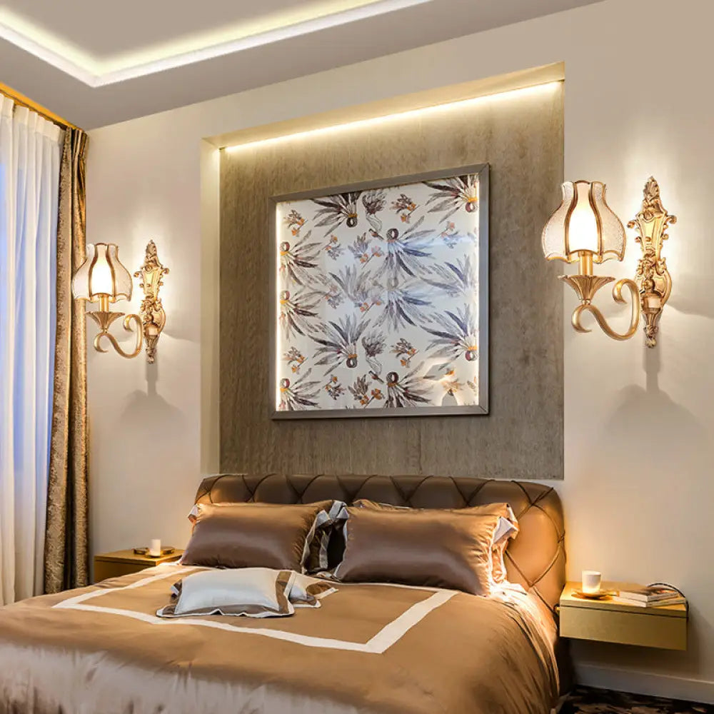Brass Wall Lamp With Beveled Glass Flared Shade - Simplicity Corridor Light Fixture 1 /