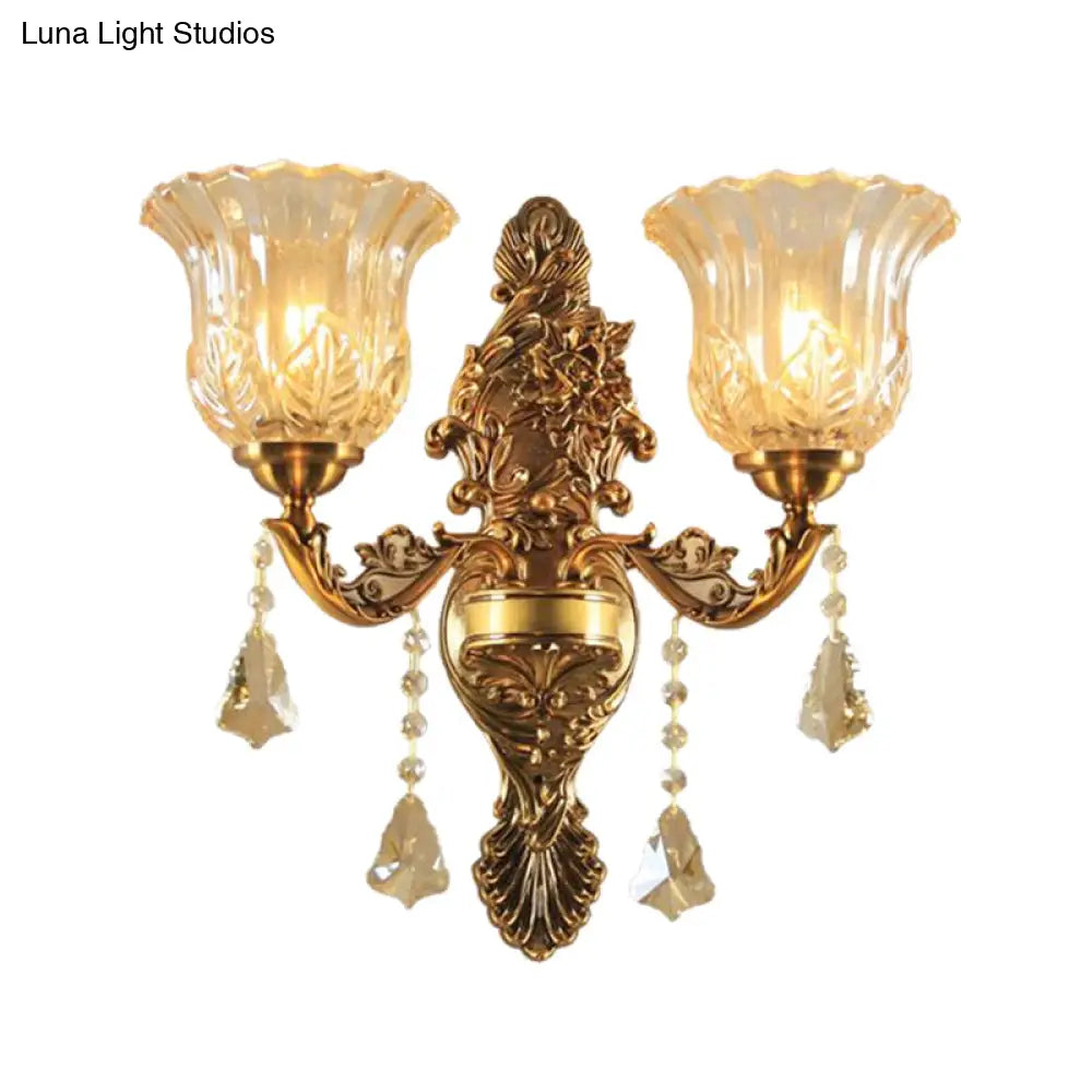 Brass Wall Lamp With Flower Shade Ribbed Glass - Traditional 2-Head Lighting For Living Room