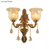 Brass Wall Lamp With Flower Shade Ribbed Glass - Traditional 2-Head Lighting For Living Room