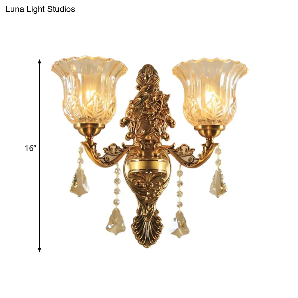 Brass Wall Lamp With Flower Shade Ribbed Glass - Traditional 2-Head Lighting For Living Room
