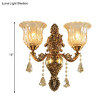 Brass Wall Lamp With Flower Shade Ribbed Glass - Traditional 2-Head Lighting For Living Room