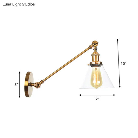 Brass Wall Mounted Clear Glass Sconce Light With Rotating Single-Bulb Saucer/Cone Design & Straight