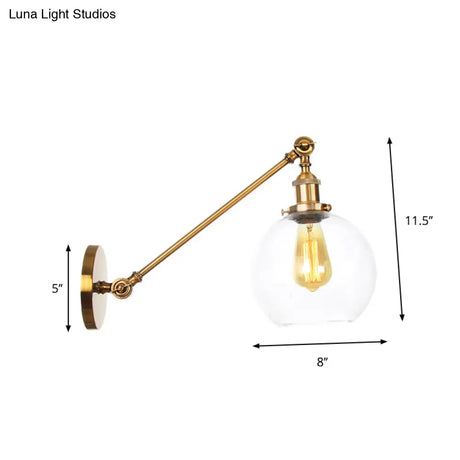 Brass Wall Mounted Clear Glass Sconce Light With Rotating Single-Bulb Saucer/Cone Design & Straight