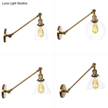 Brass Wall Mounted Clear Glass Sconce Light With Rotating Single-Bulb Saucer/Cone Design & Straight