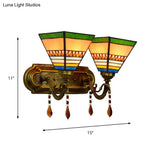 Brass Wall Mounted Lamp With Stained Glass Mission Design And Dual Bulbs