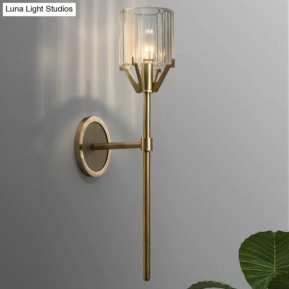 Brass Wall Sconce With Clear Crystal Block Cylinder And Pencil Arm