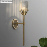 Brass Wall Sconce With Clear Crystal Block Cylinder And Pencil Arm
