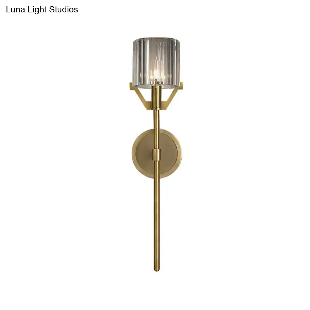 Brass Wall Sconce With Clear Crystal Block Cylinder And Pencil Arm