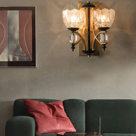 Brass Wall Sconce With Curved Arms And Prismatic Glass Shades - Traditional Lighting Fixture