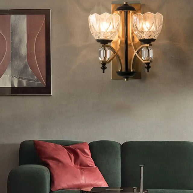 Brass Wall Sconce With Curved Arms And Prismatic Glass Shades - Traditional Lighting Fixture