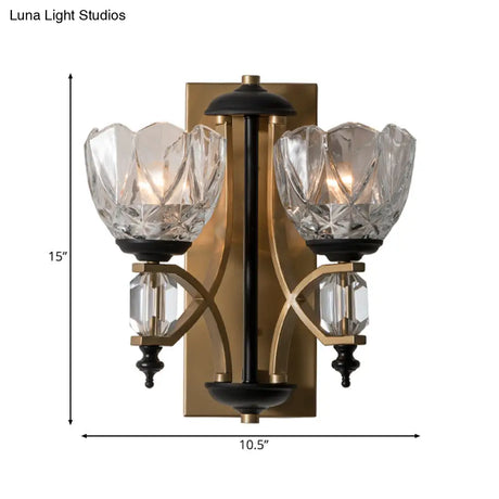 Brass Wall Sconce With Curved Arms And Prismatic Glass Shades - Traditional Lighting Fixture