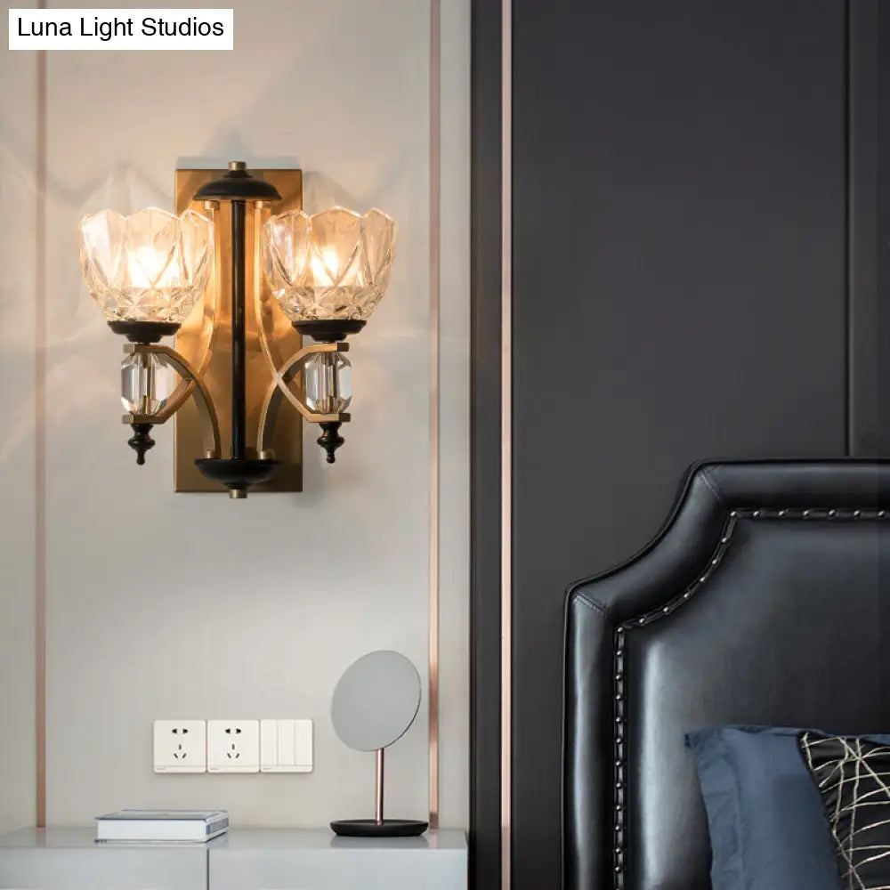 Brass Wall Sconce With Curved Arms And Prismatic Glass Shades - Traditional Lighting Fixture