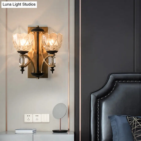Brass Wall Sconce With Curved Arms And Prismatic Glass Shades - Traditional Lighting Fixture