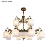 Rustic Bronze Chandelier With 15 Lights And Opal Glass Flowerbud Design - Perfect For Restaurants