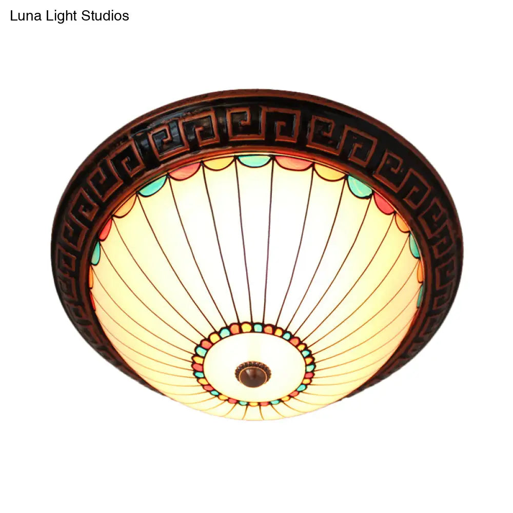 Bronze 2 - Bulb Baroque White Glass Dome Ceiling Flush Mount With Scalloped Edge