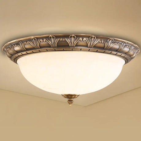 Bronze Antique Domed Flush Light With Milky Glass Ceiling Mount For Bedroom 4 / Flower