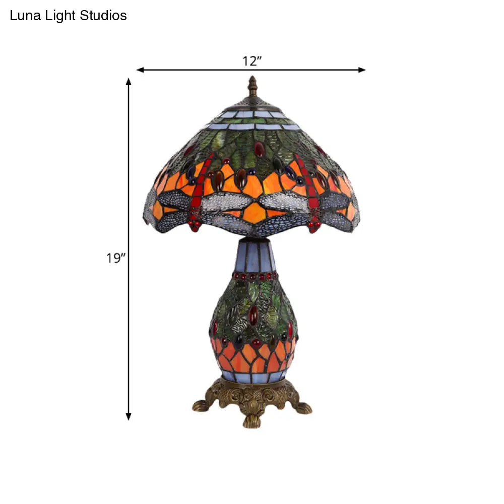 Bronze Baroque Art Glass Nightstand Lamp With Quadpod Stand - Tapered Table Lighting 2 Lights