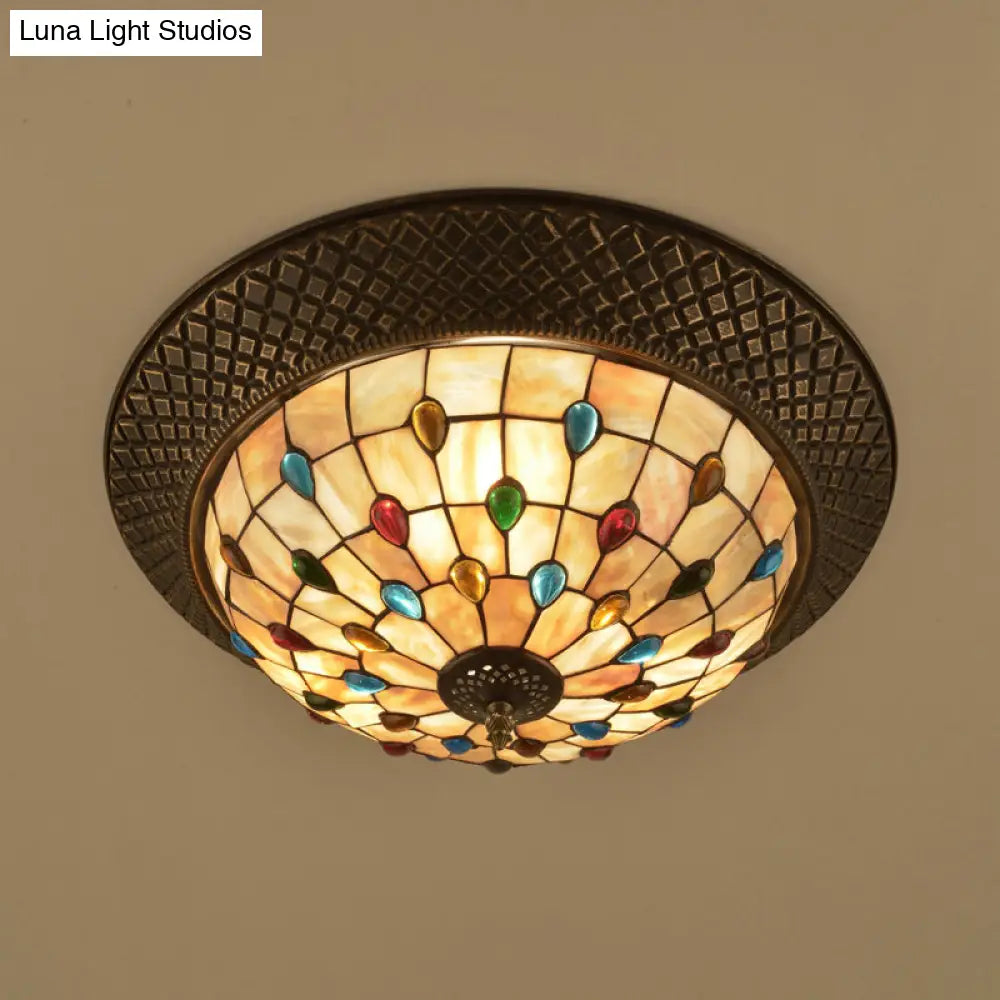 Bronze Cap Flush Mount Light With Tiffany Led Shell And Trellis Pattern