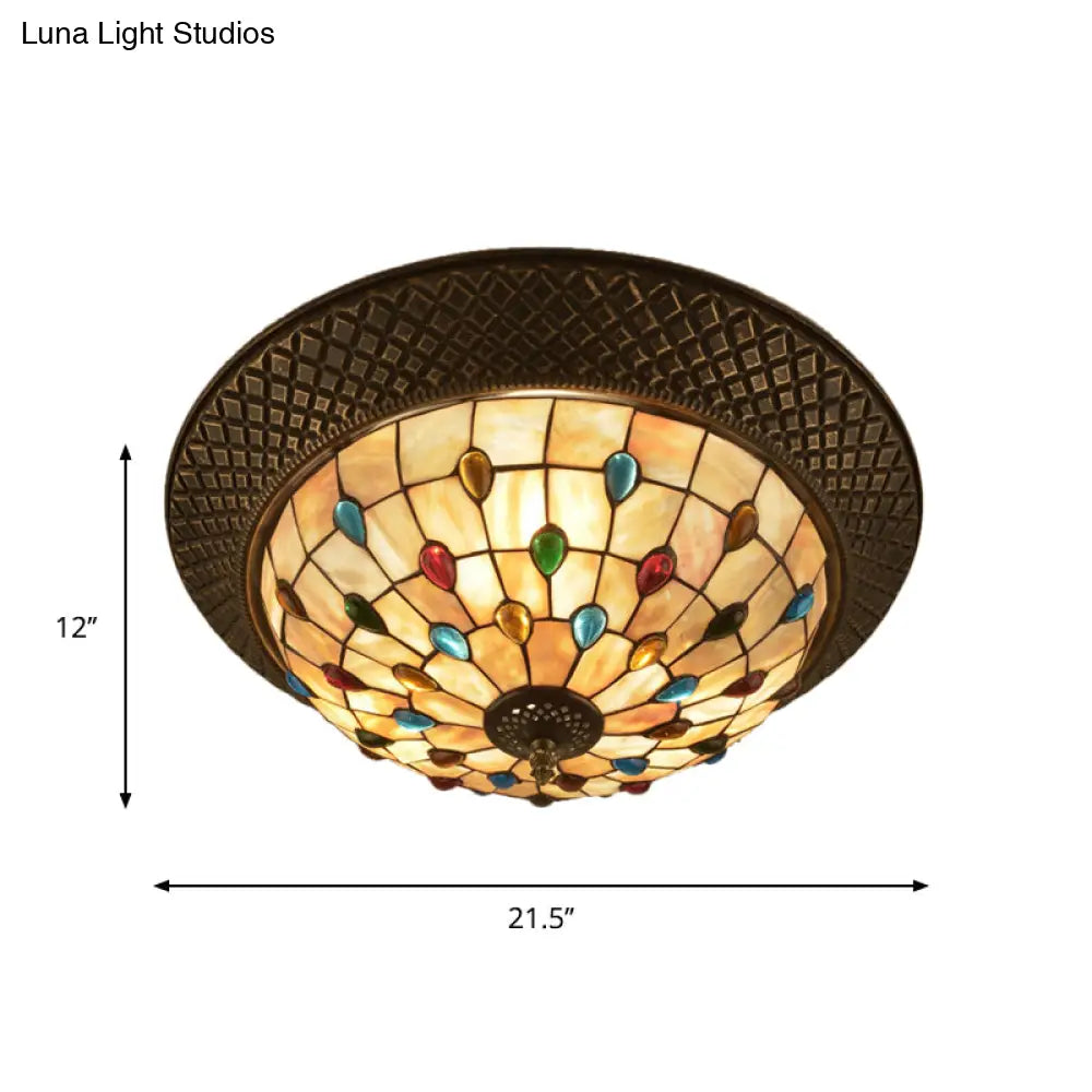 Bronze Cap Flush Mount Light With Tiffany Led Shell And Trellis Pattern