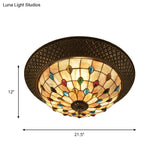 Bronze Cap Flush Mount Light With Tiffany Led Shell And Trellis Pattern