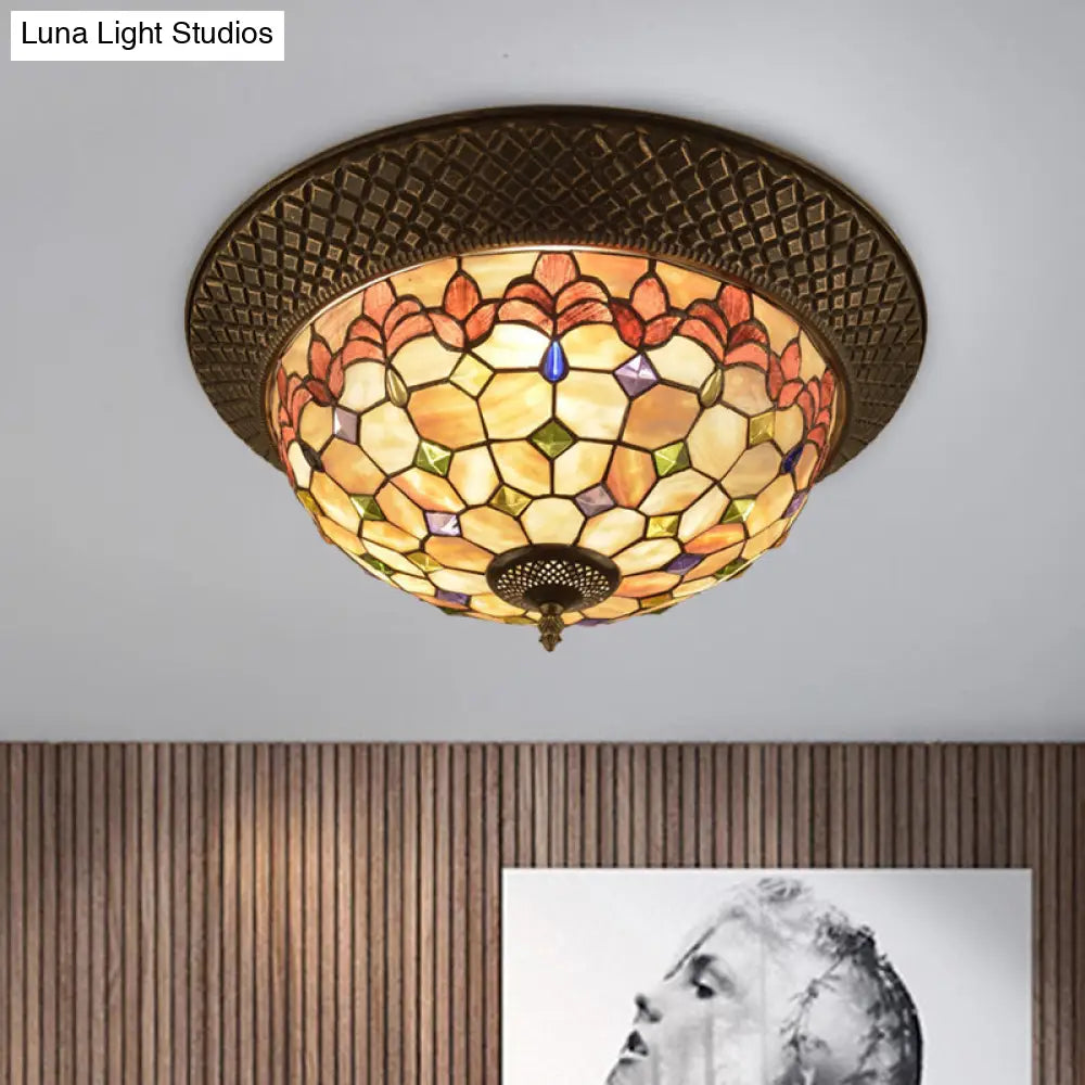 Bronze Cap Flush Mount Light With Tiffany Led Shell And Trellis Pattern