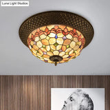 Bronze Cap Flush Mount Light With Tiffany Led Shell And Trellis Pattern