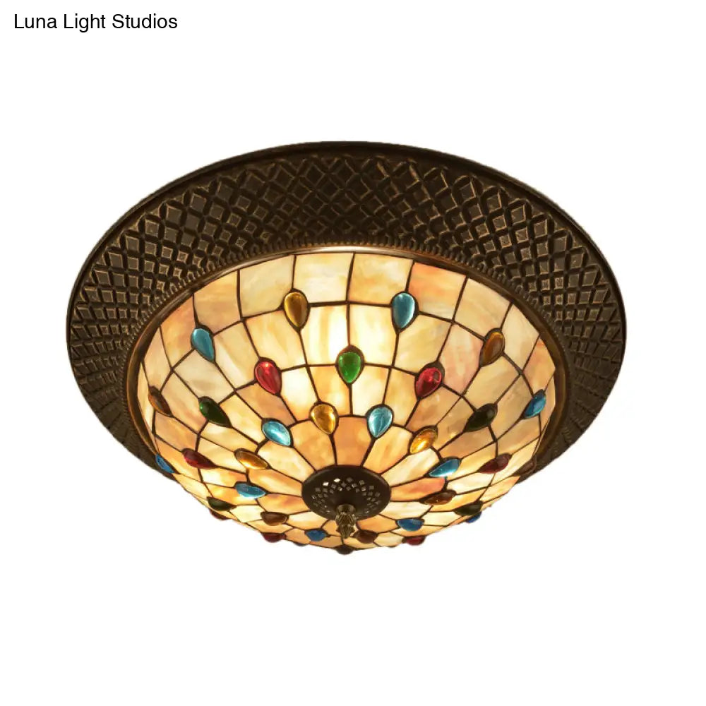 Bronze Cap Flush Mount Light With Tiffany Led Shell And Trellis Pattern