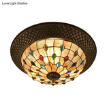 Bronze Cap Flush Mount Light With Tiffany Led Shell And Trellis Pattern