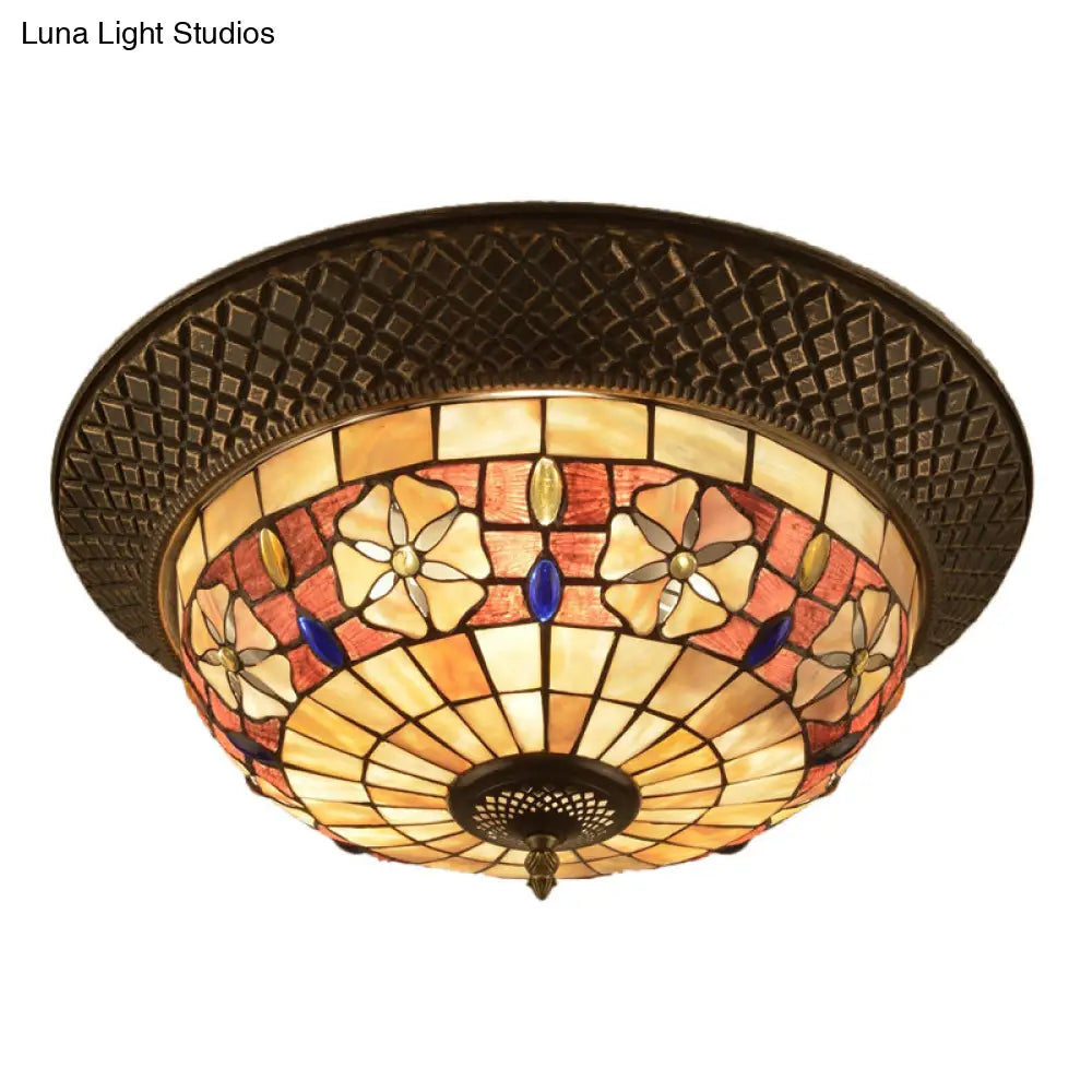 Bronze Cap Flush Mount Light With Tiffany Led Shell And Trellis Pattern