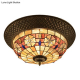 Bronze Cap Flush Mount Light With Tiffany Led Shell And Trellis Pattern
