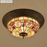 Bronze Cap Flush Mount Light With Tiffany Led Shell And Trellis Pattern