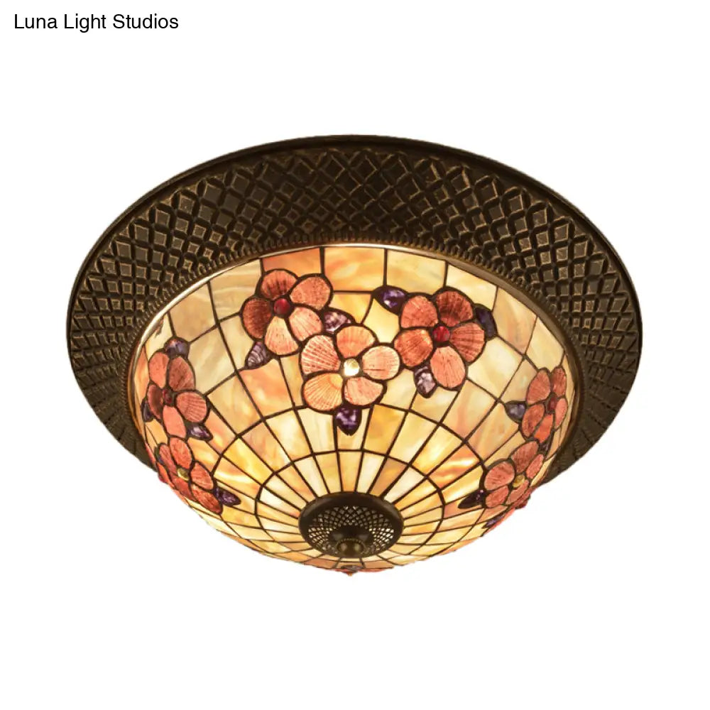 Bronze Cap Flush Mount Light With Tiffany Led Shell And Trellis Pattern