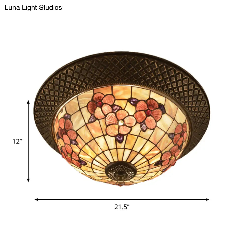 Bronze Cap Flush Mount Light With Tiffany Led Shell And Trellis Pattern